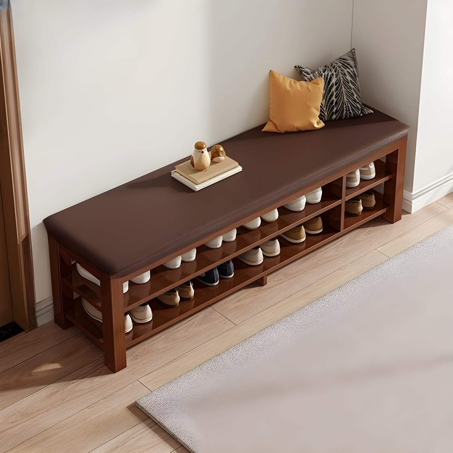 KLGFBDC Entryway Bench with Shoe Rack - Cushioned Wood Storage Bench for Hallway and Mudroom - Functional and Stylish Design