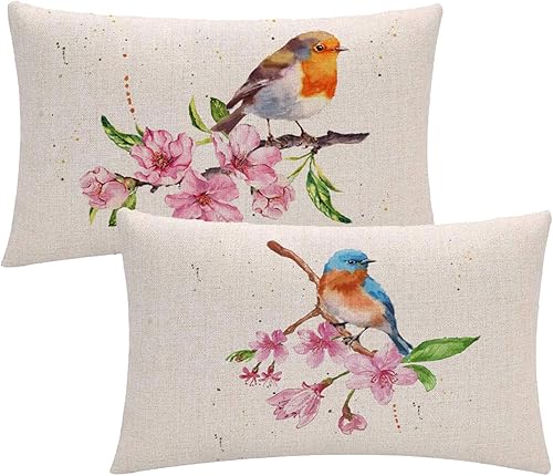7COLORROOM Fundas de almohada de acuarela con diseño de pájaros en el árbol con flores rosas de primavera rectangularesfundas de almohada de cintura