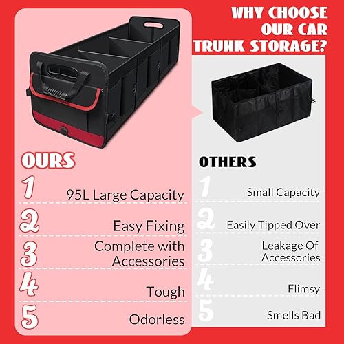 Miniatura 6 de Organizador de maletero de automóvil, resistente y plegable de 95 L de capacidad, bolsillos con múltiples compartimentos, correas ajustables, ideal