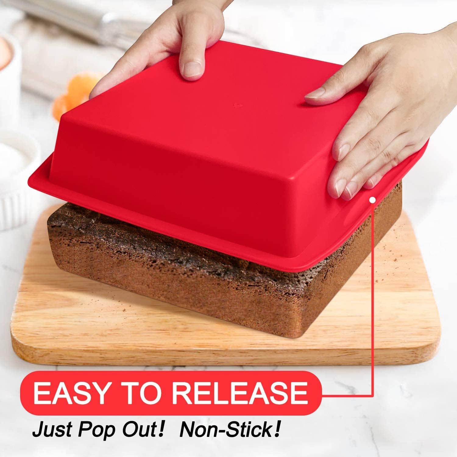 Walfos Silicone Square Cake Pan, 8 inch, Red, BPA Free, Non-Stick, Perfect for Brownies, Cakes, Bread, Pies, and Lasagna, Set of 2 - Image 3