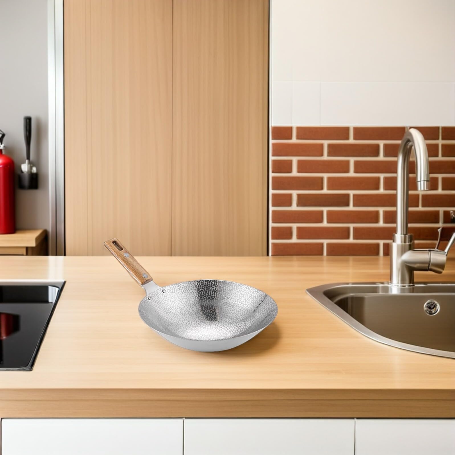 SHINEOFI Wok Da Cucina in Acciaio Inox 22 Cm Con Manico in Legno Multifunzionale Per Fornello Casalingo, Padella Wok Tradizionale Per Cucina Domestica e Fritture Versatili