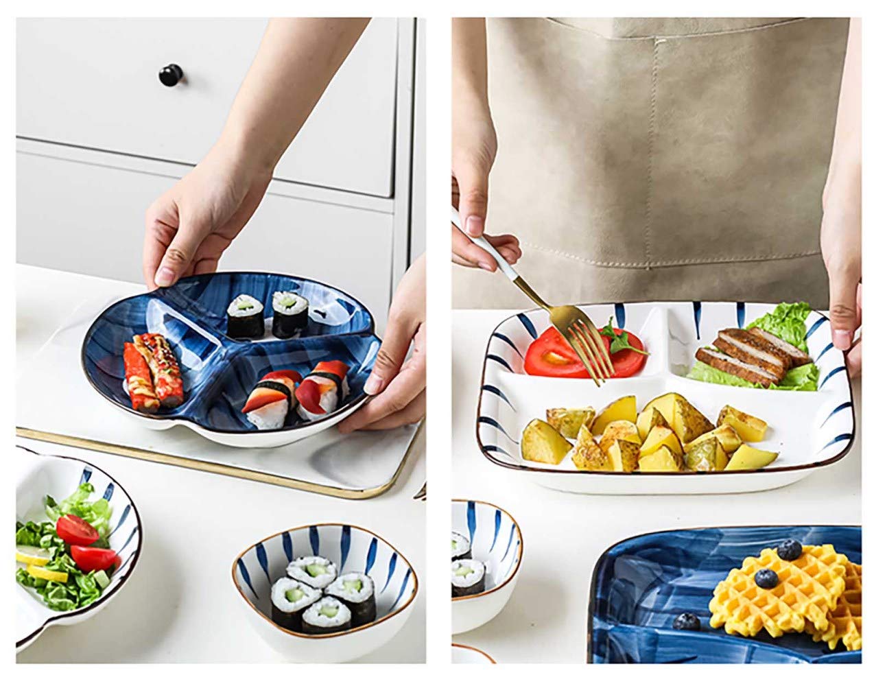 MICPB Ensemble D'Assiettes, Lot de 2 Assiettes à DîNer à Trois Compartiments en CéRamique Domestique Facile à Ranger Et à Nettoyer/bleu/Partie B