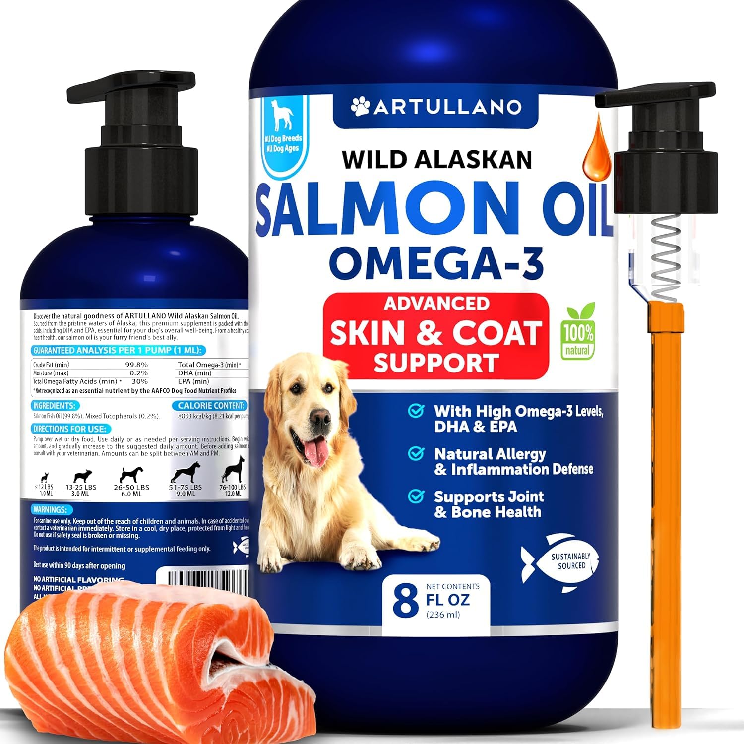 Salmon Oil for Dogs - Omega 3 for Dogs - 8 FL OZ Wild Alaskan Salmon Fish Oil - Natural EPA & DHA Fatty Acids for Skin & Coat, Allergy, Joint & Bone Health - Liquid Support Supplement for Shedding