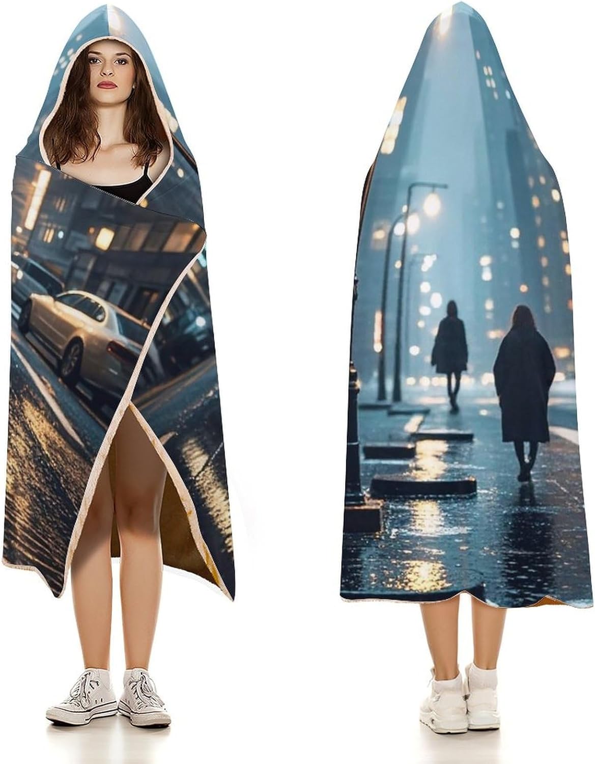 City Rainy Night Wearable Hooded Blanket, Ultra Soft Arctic Velvet Cape Cloak Unisex - Cozy Wearable Blanket