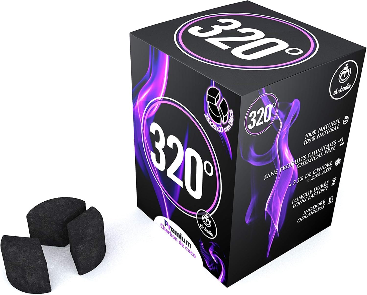 320º Coconut Charcoal Discs – 60 Pieces (27mm) | Quick Lighting, Long-Lasting Shisha Coal | Natural & Odorless Hookah Charcoal | BBQ & Incense Burning Coal – 1kg
