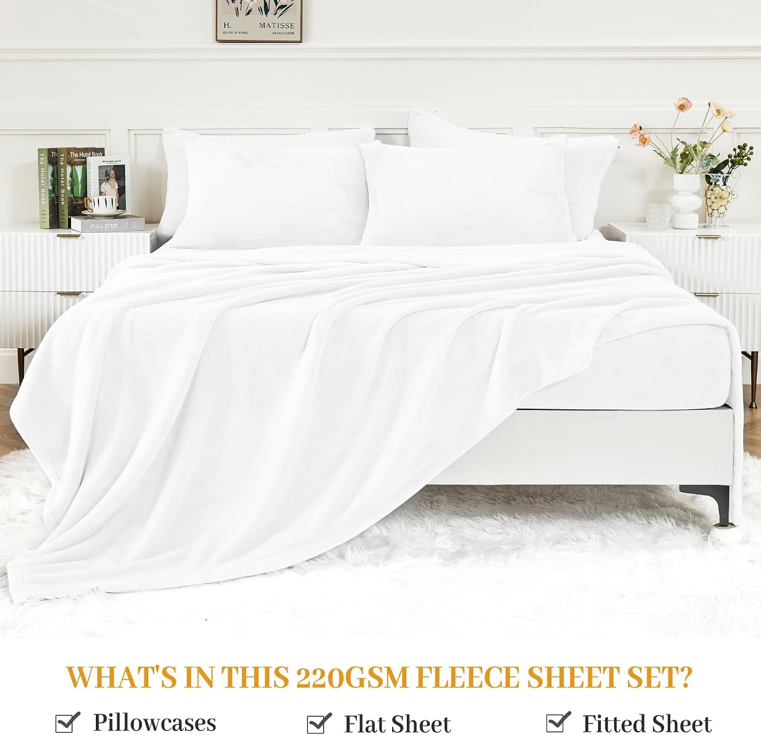YIYEA Fleece Sheets Queen Size, Luxury Ultra Soft Fuzzy Bed Sheets Set, Fluffy Plush Velvet Bedding Sheets for Fall Winter, Cozy Warmth and No Shedding, 4PC, White