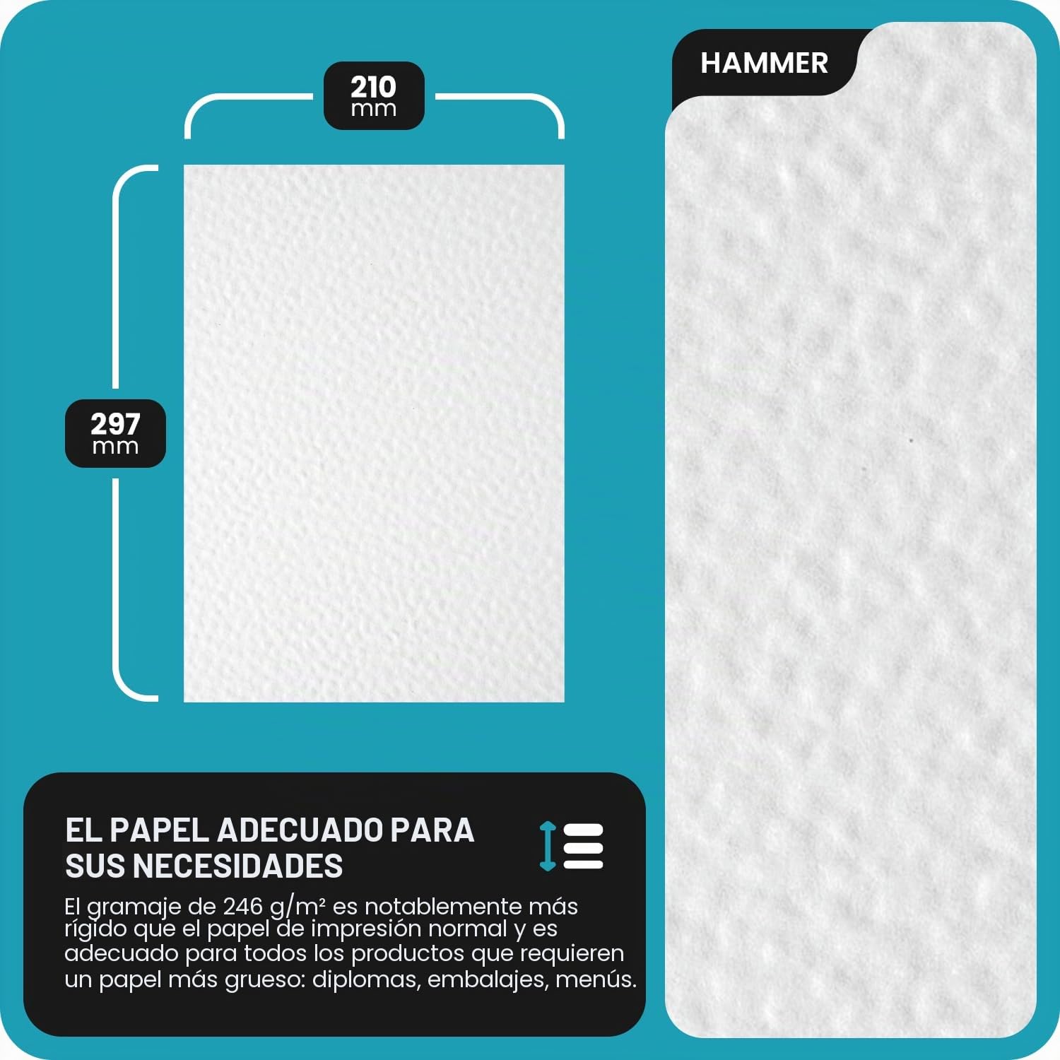 Netuno 100 hojas de cartón texturizado blanco con relieve en martillado A4 210 x 297 mm 246 g Elfenbens Ultrawhite cartulina bilateral para impresoras tarjeta diplomas invitaciones certificados menú