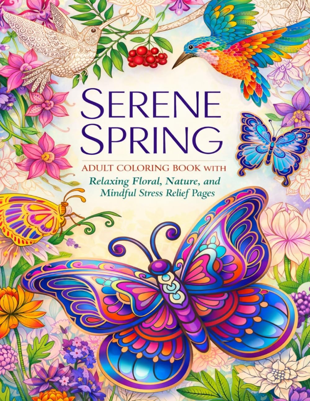 Serene Spring Adult Coloring Book with Relaxing Floral, Nature, and Mindful Stress Relief Pages