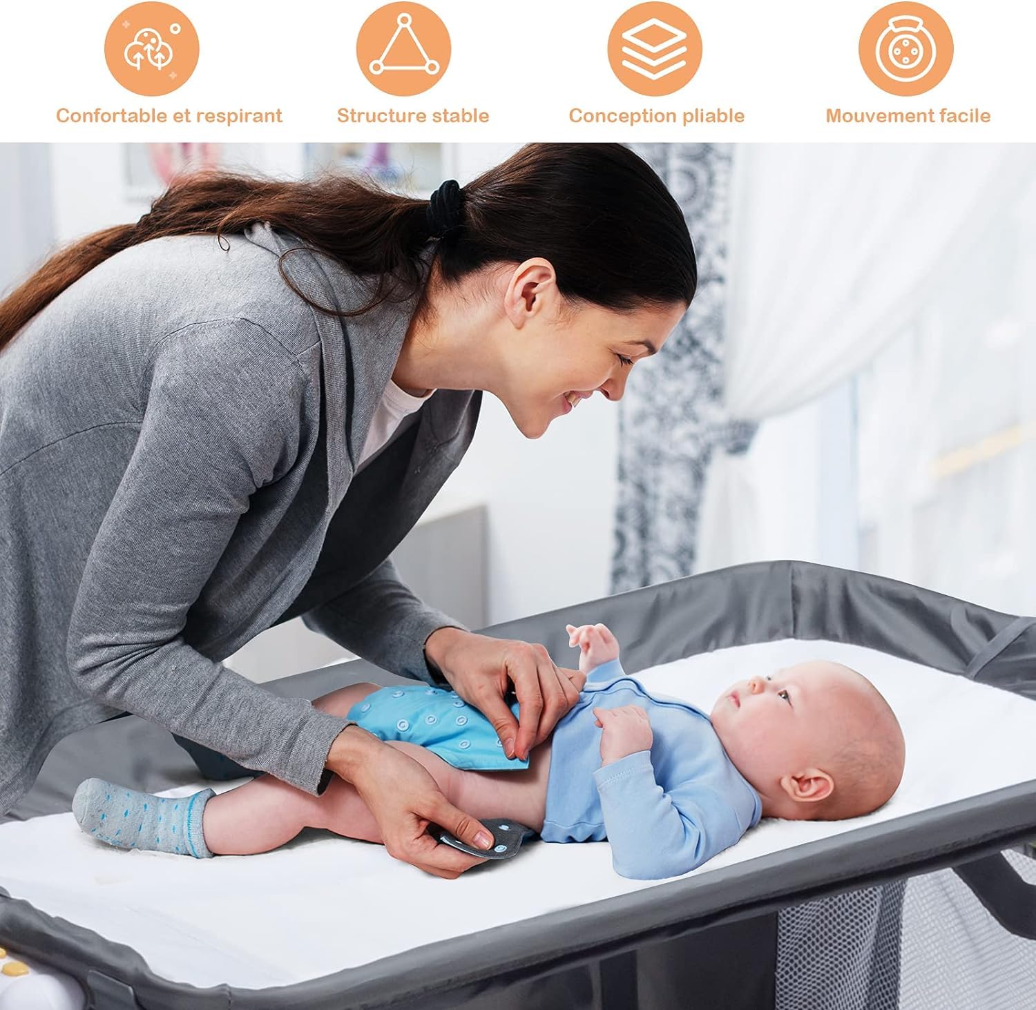 GOPLUS Cama Plegable con Ruedas, Cambiador y colchón, Cuna de Viaje con Lindos Juguetes y Bolsa de Transporte, Apta para bebés de 0 a 36 Meses, Carga máxima 15 kg, Gris
