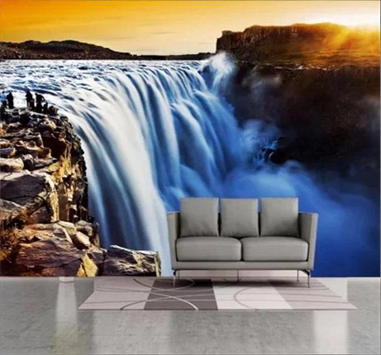 Beautiful Three Dimensional Sunset Waterfall Landscape 3D Wallpaper Easy Install Feature Office Living Room Sofa Bedroom TV Background Wall Decoration-400cm×280cm