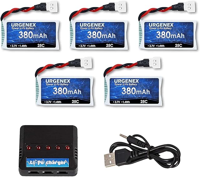 URGENEX LiPo Battery 5PCS 3.7V 380mAh 25C LiPo Battery with Molex Plug Charger for Controller of Drone Holy Stone HS170G HS170 HS170C HS230 GBlife Bounce Car TOZO Q2020 X4 H107C H107L H107D H107P H108