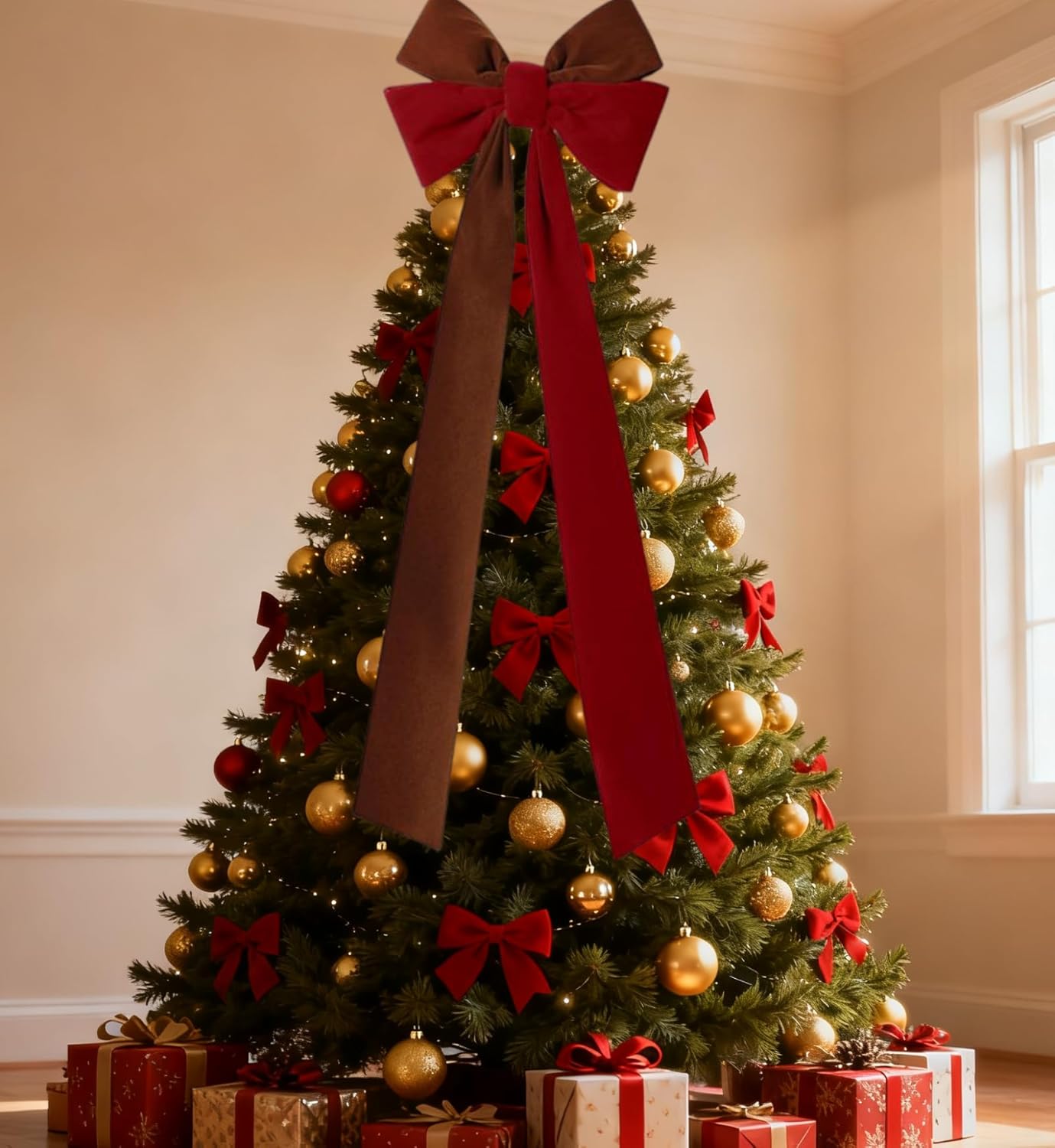 2Pcs Large Christmas Velvet Burgundy Bows13'' x 45''Christmas Front Door Bows with Long Tail Ribbon Xmas Tree Topper Holiday Wreaths Decor Stair Garland for Mantel Fireplace Porch