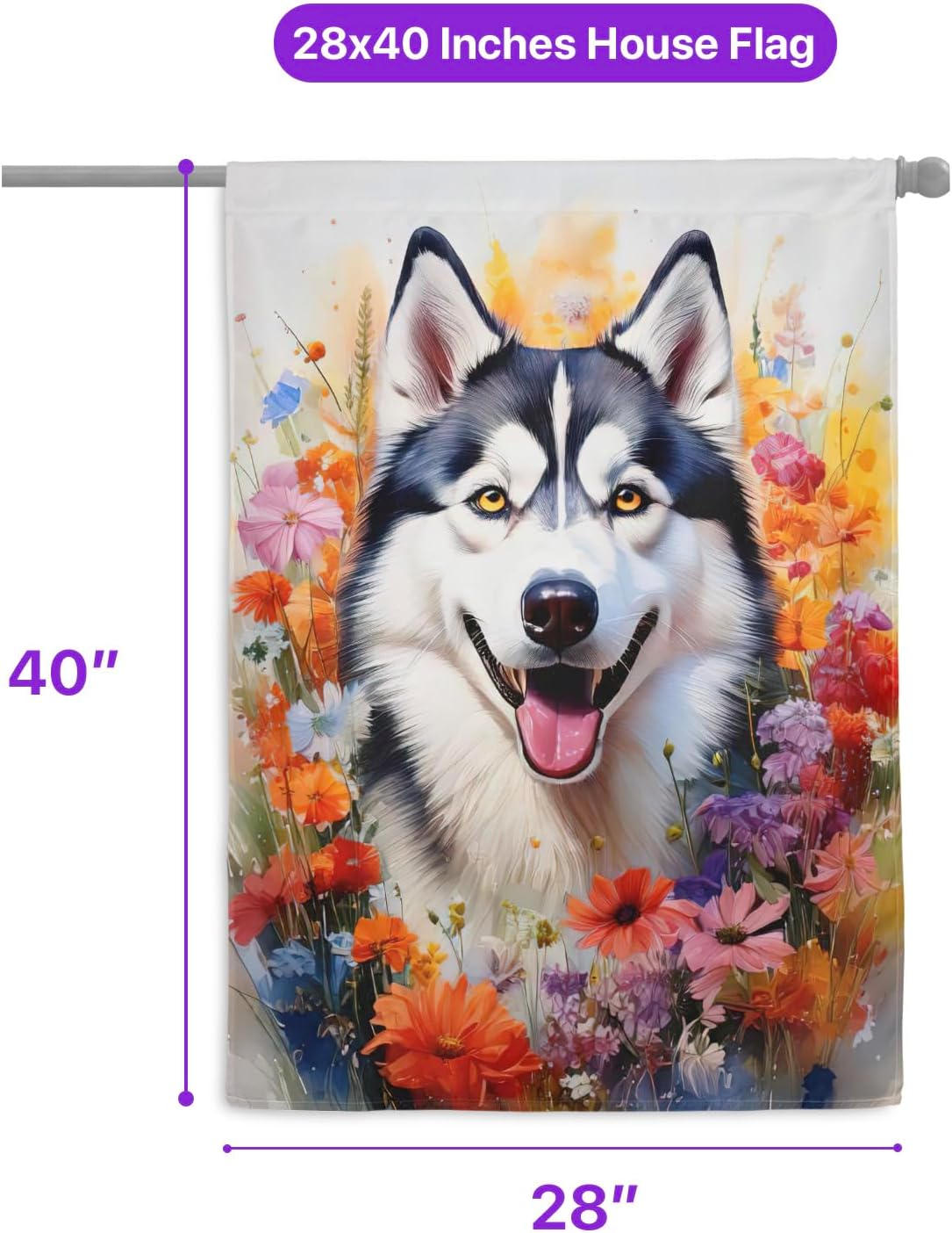 Welcome Spring Summer Siberian Husky Portrait Flower Blue Sky House Flag 28x40in Double Sided Husky Dog Lover Gifts Outdoor Decor 12001