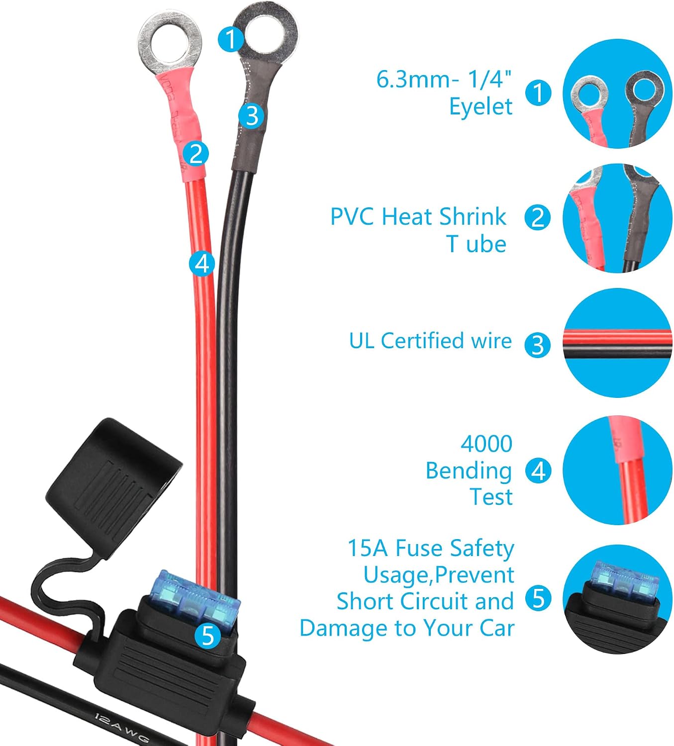 Car & Motorcycle Battery Charger Cable,SinLoon 12V Waterproof Cigarette Lighter Female to Socket Eyelet Terminal Ring Terminal Harness Extension Cord with 15A Fuse((10FT,3 Meter)