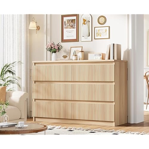Oak 6 Drawer Dresser for Bedroom, Modern Fluted Dresser, Bedroom Dressers with Drawers, Large Double Wooden Chest of Drawers for Living Room, Hallway