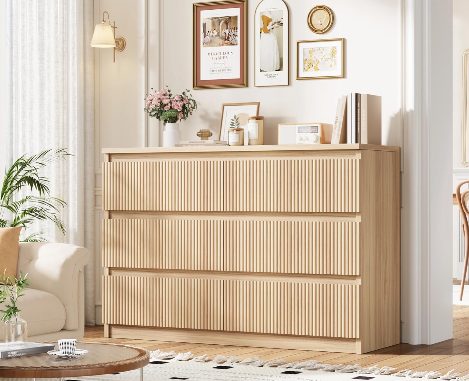 Jocoevol Oak 6 Drawer Dresser for Bedroom, Modern Fluted Dresser, Bedroom Dressers with Drawers, Large Double Wooden Chest of Drawers for Living Room, Hallway
