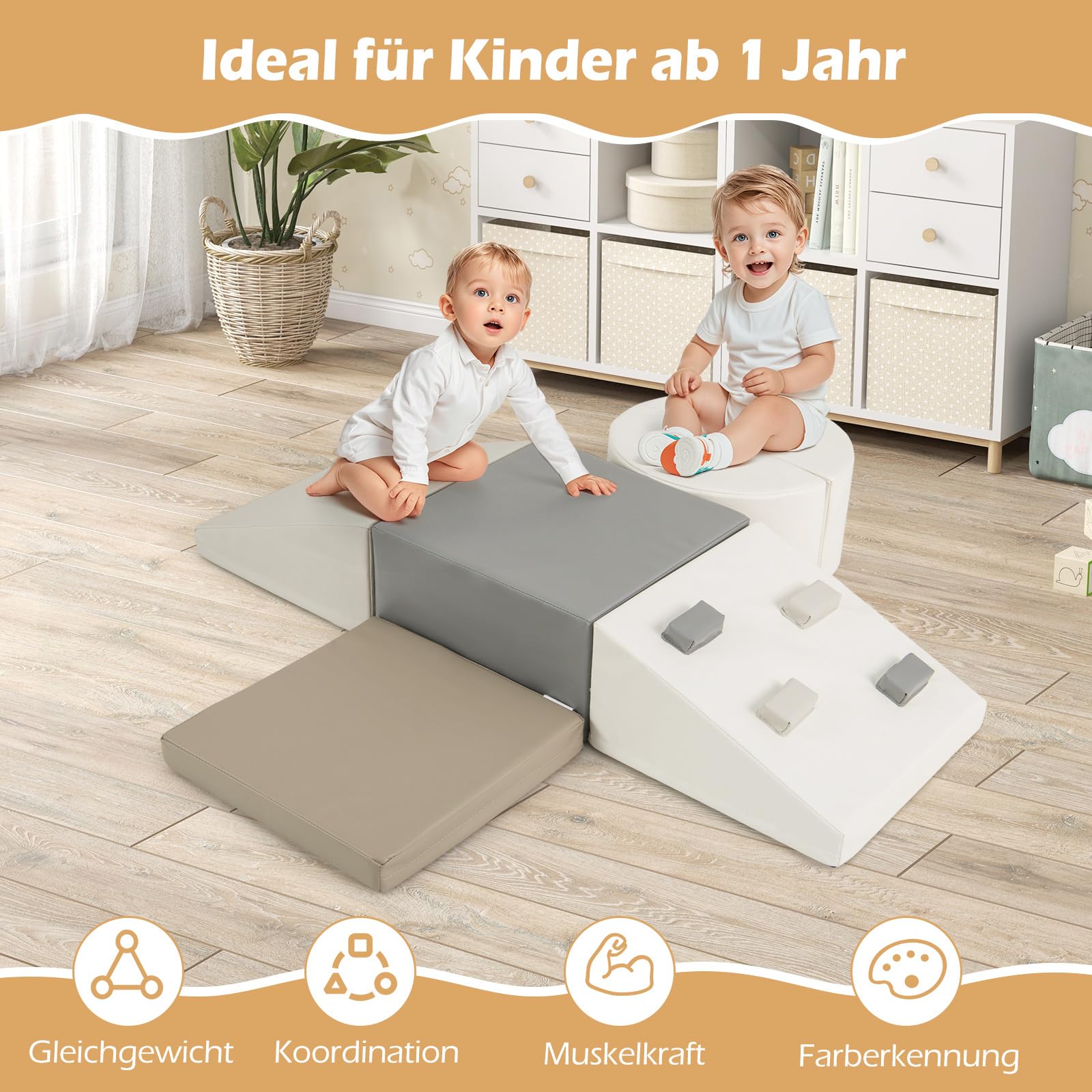 COSTWAY 6 TLG. Schamstoff Bausteine Kinder, Softbausteine mit Kletterfelsen zum Klettern & Krabbeln, Riesenbausteine aus Schaumstoff, Großbausteine Kletterblöcke für Innenbereich (Weiß)