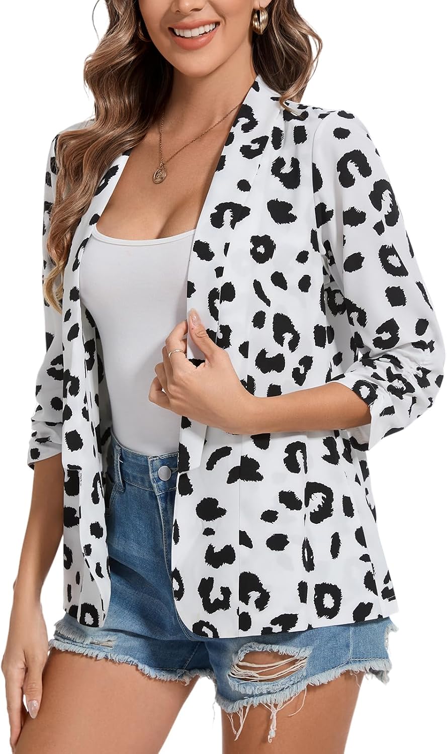 MINTLIMIT Womens Chiffon Blazer 3/4 Sleeve Shawl Collar Open Front Blazers Casual Work Office Cardigan Suit Jacket