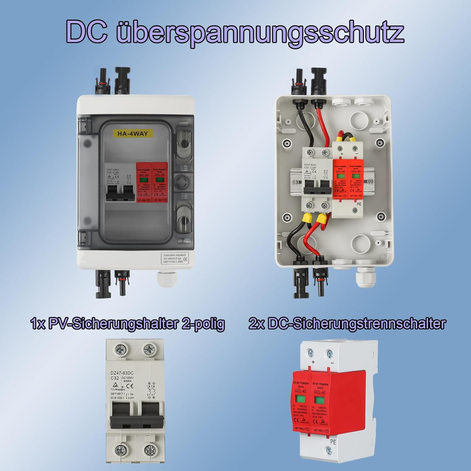 Protezione da sovratensione PV con scatola di collegamento fotovoltaico solare, interruttore di separazione TEOV DC 1000 V 32 A, 1 stringa, protezione da fulmini, scatola di distribuzione IP65, 4