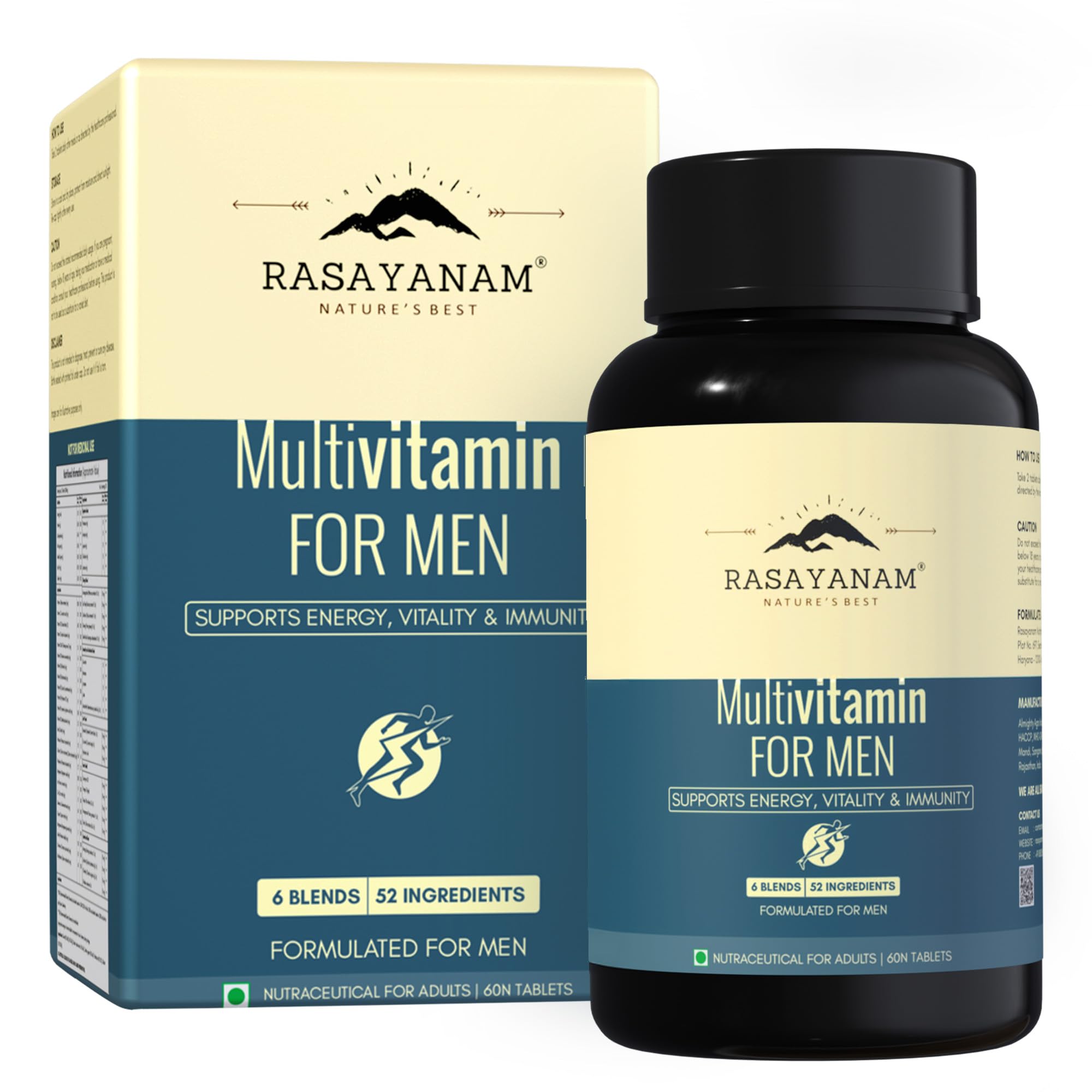Rasayanam Multivitamin for Men | 52 Ingredients with 100% RDA of Vitamins & Minerals | Energy, Immunity, Performance, Bone, Joint & Heart Health | Daily Multivitamin Tablet for Men - 60 Tablets