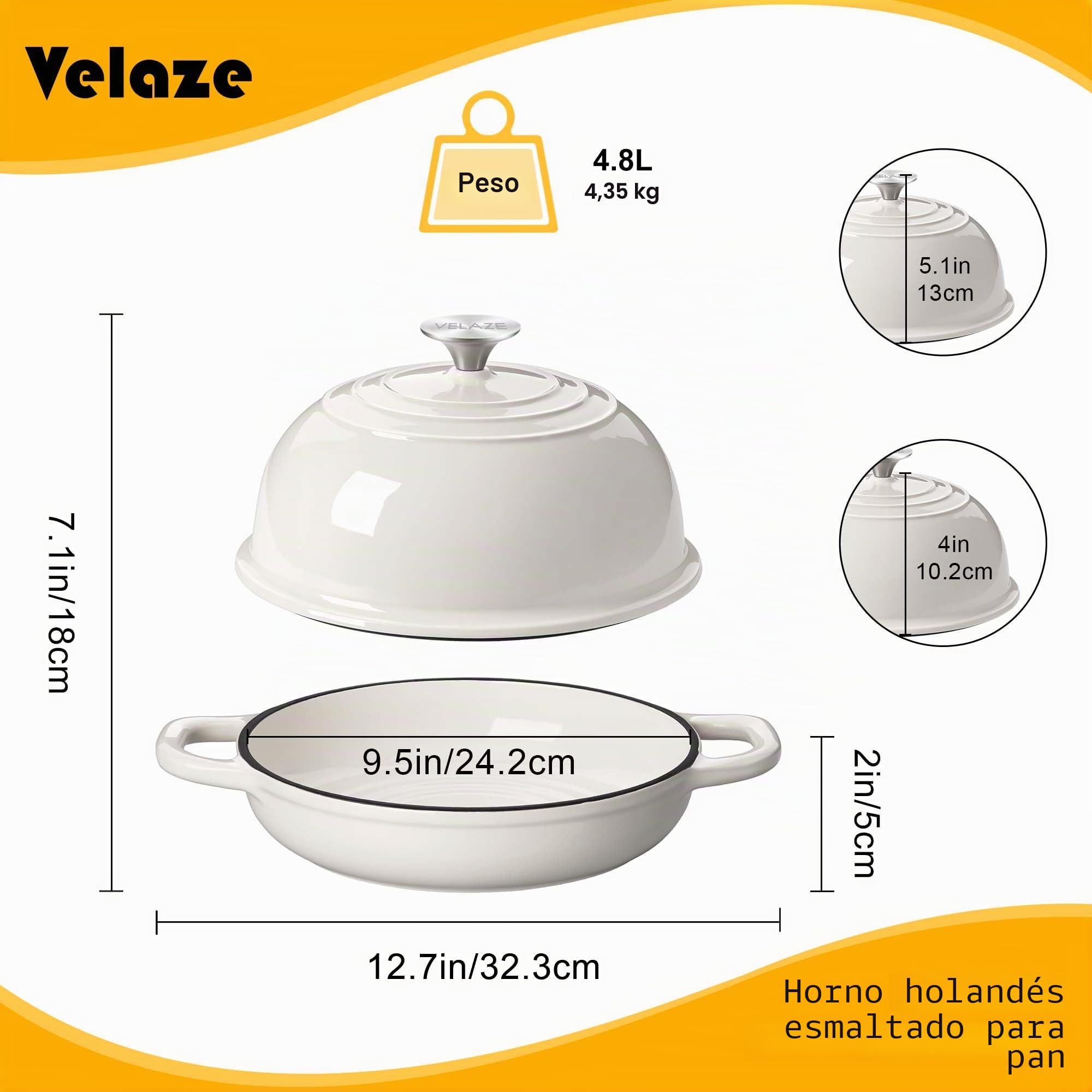 Velaze Olla de Hierro Fundido 4.8L - Cacerola Holandesa Redonda Esmaltada y Antiadherente Ø24cm con Tapa - Para Hacer Pan, Hornear e Inducción (Beige)