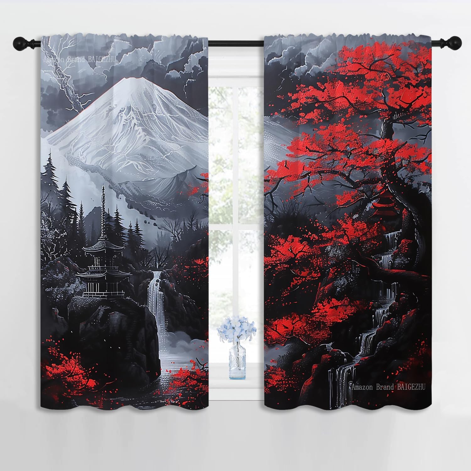 Japanese Mount Fuji Boy Girls Blackout Curtains,Asian Anime Art Style Cherry Blossom Red Tree Landscape, 2 Panel Rod Pocket Thermal Insulated Drapes for Bedroom Living Kids Room Deco 42x63 inch