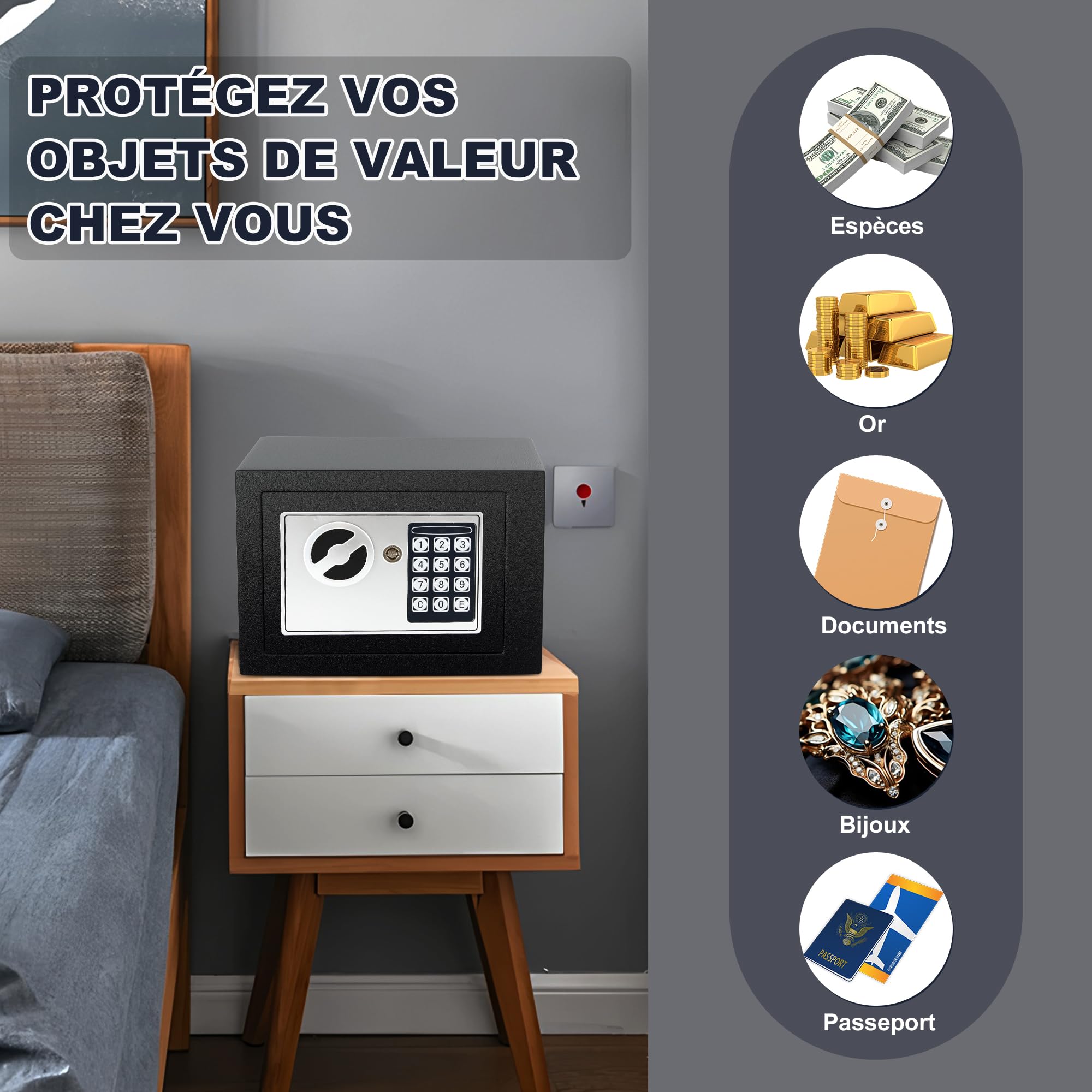 SINZUX Caja fuerte 6.6L con código electrónico, alta seguridad, compacta, empotrable antirrobo, para hogar/oficina/hotel/coche. Protege joyas, efectivo, armas y otros bienes. Incluye llave.