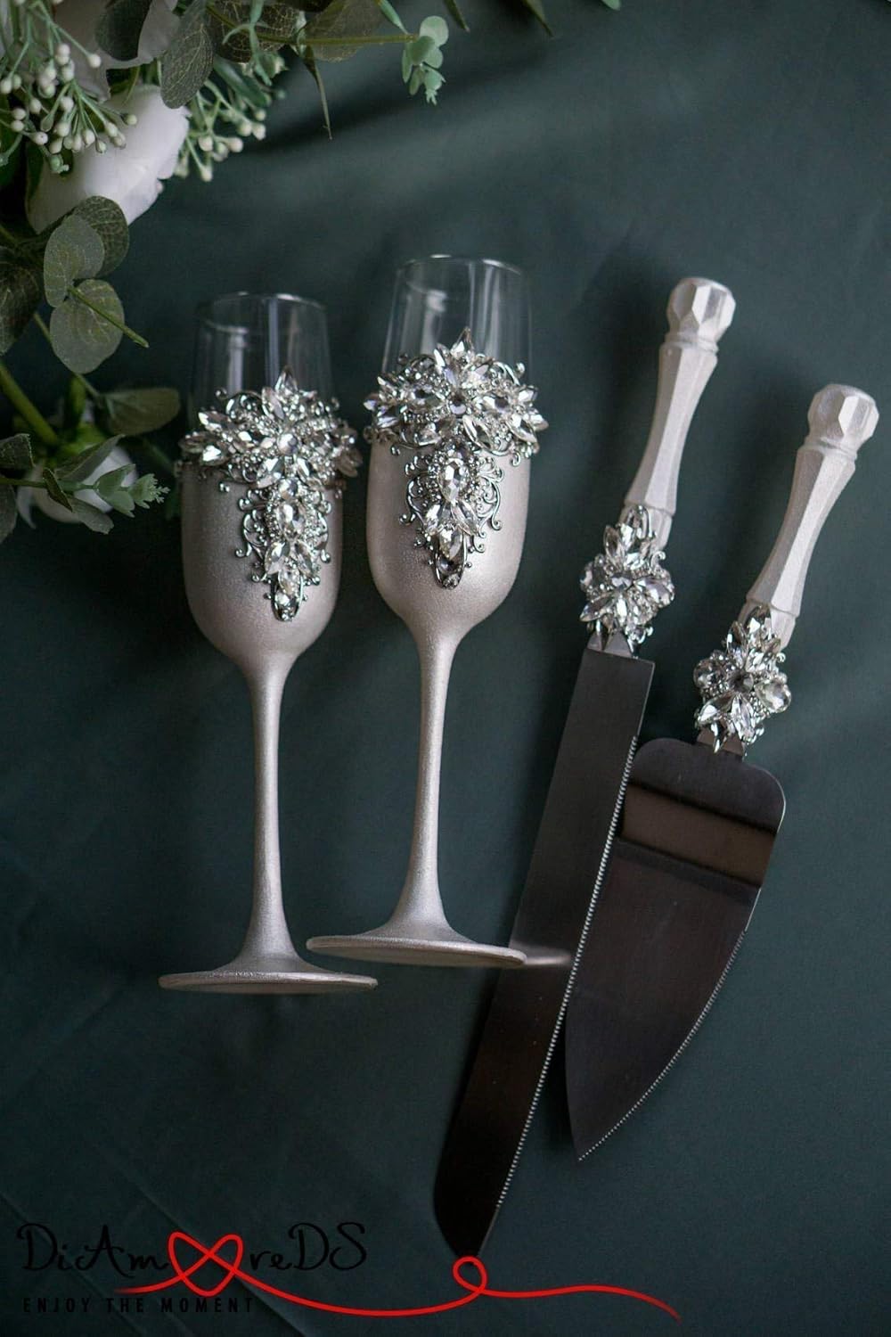 Wedding Flute and Cake Cutting Set - Silver & Crystal Wedding Set - Wedding Cake Server and Knife - Engraved Cake Serving Set - Wedding Gift Set