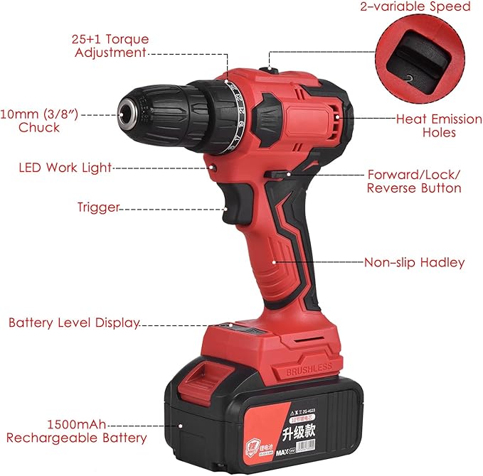 Taladro Percutor Inalámbrico 21V Sin Escobillas con Batería y Cargador miniatura 6