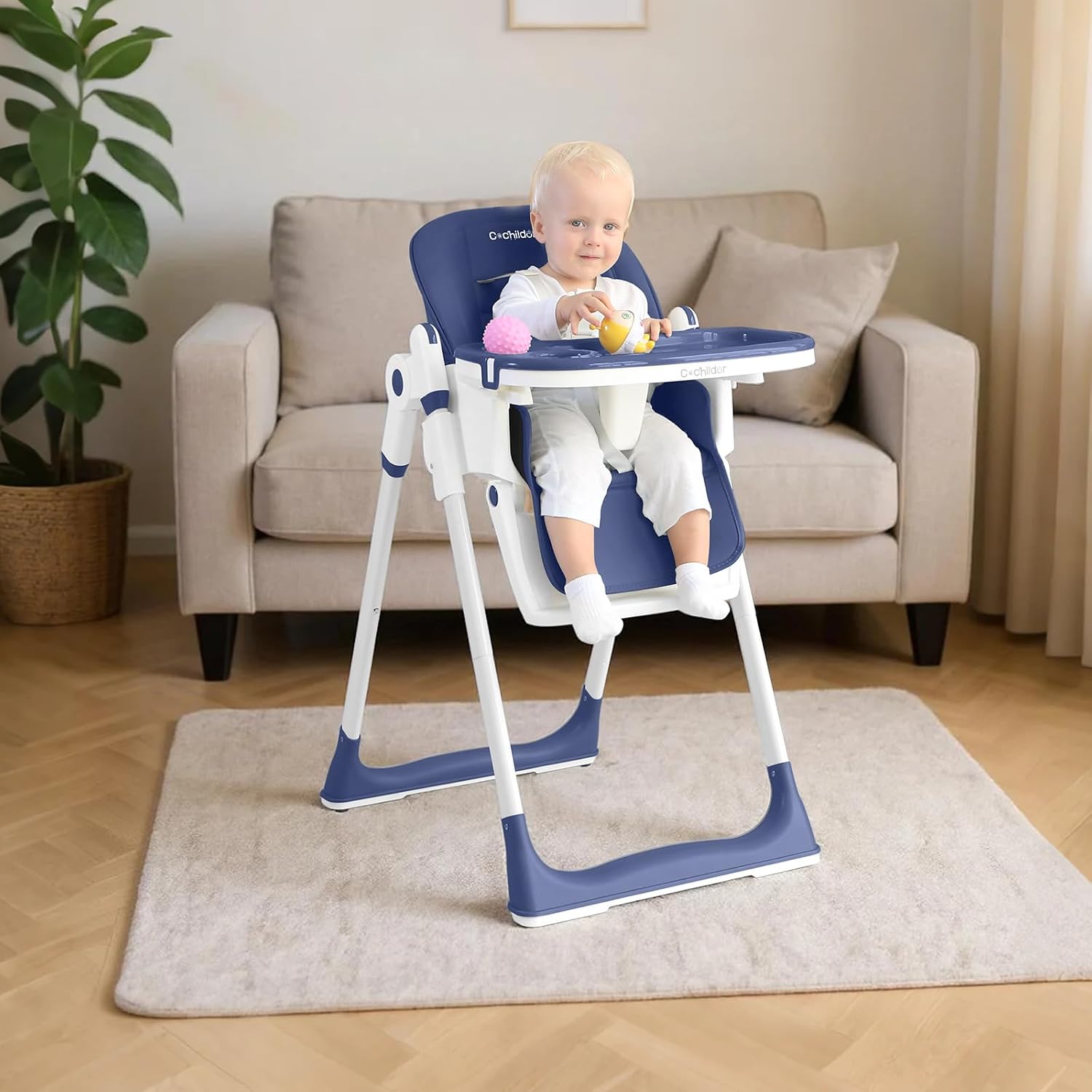 Cochildor 3-in-1 Foldable High Chair for Babies & Toddlers – Adjustable Height, Reclining Seat, 5-Point Safety Harness, Removable Tray, Lockable Wheels, Washable Cushion – Portable & Easy Clean, Blue