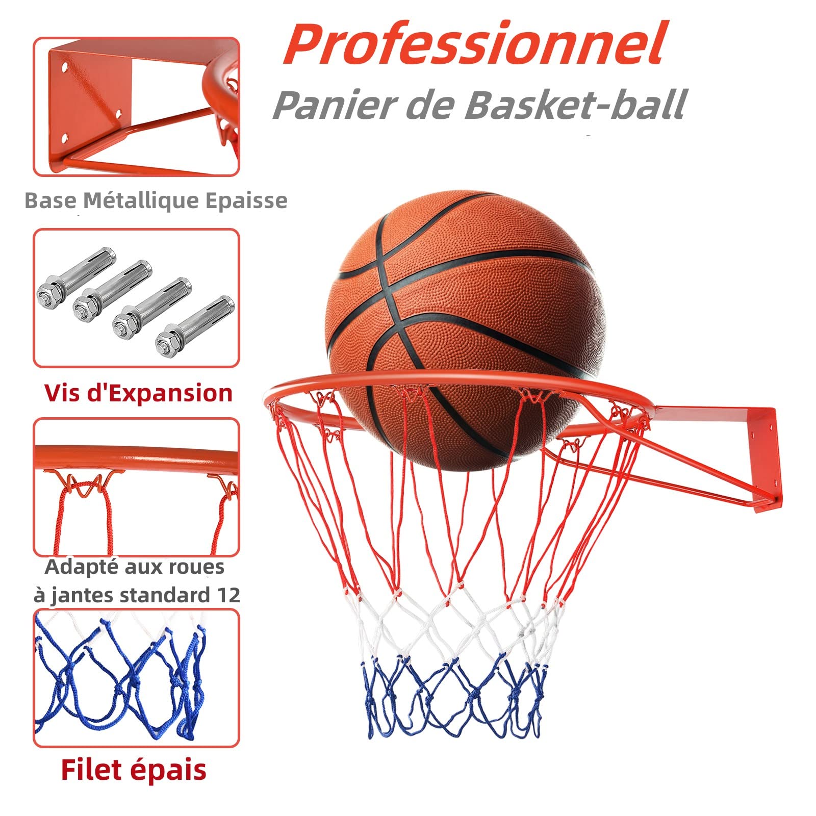 GYMAX Panier de Basketball Mural, Filet de Basket Extérieur et Intérieur, avec Vis d'Expansion, Fixé au Mur et au Panneau, Anneau Robuste en Métal et Filet en PE
