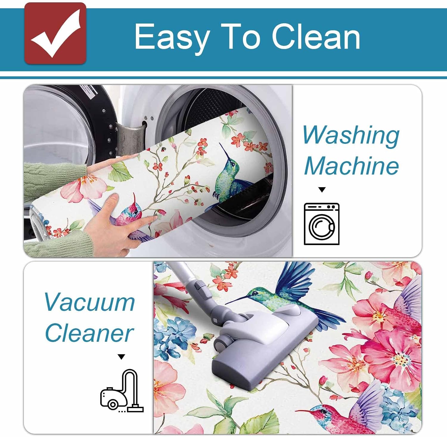 Prime Leader Watercolor Colorful Kitchen Mat Set 2 Pieces Hummingbird Flowers Pastoral Plant Non Slip Kitchen Rugs Washable Runner Rug Mats for Sink Laundry (23.6" x 35.4"+23.6" x 70.9")