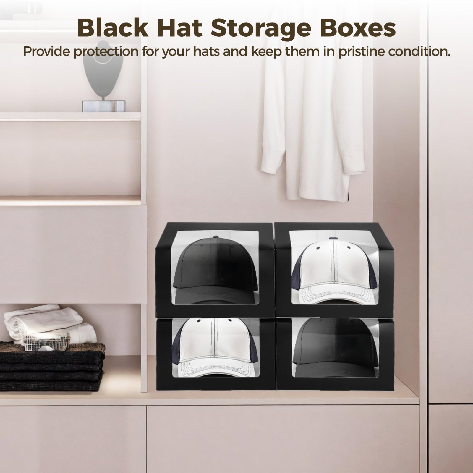 12 Stück schwarze Geschenkboxen für Hüte, dekorative Aufbewahrungsbehälter mit transparentem Display, stabile Hutboxen für Baseballmützen, Papa-Hüte, Faltgröße 7,9 × 7,9 × 4,7