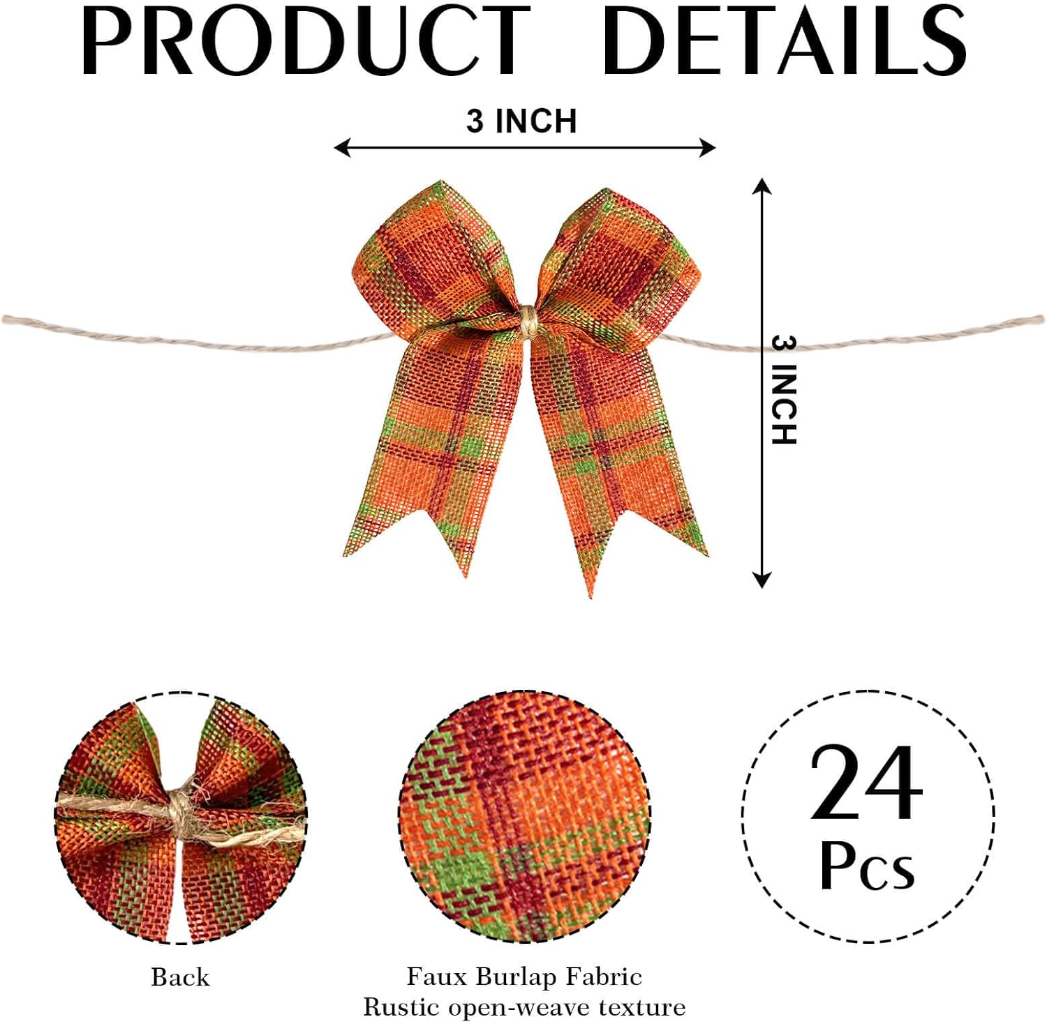 24 Pcs Mini Fall Plaid Bows, 3 Inch Small Pre-Tied Autumn Bows with Twine Ties for Thanksgiving Wreaths, Harvest Decor and Fall Crafts