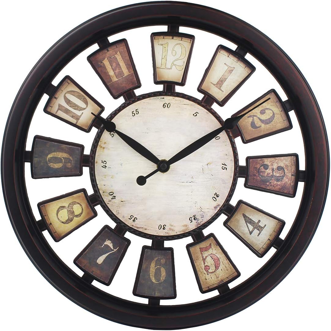 Farmstead Wall Clock Battery Operated Silent Sweep Movement Aged Clock 13.2 Inch Easy to Read,Rust