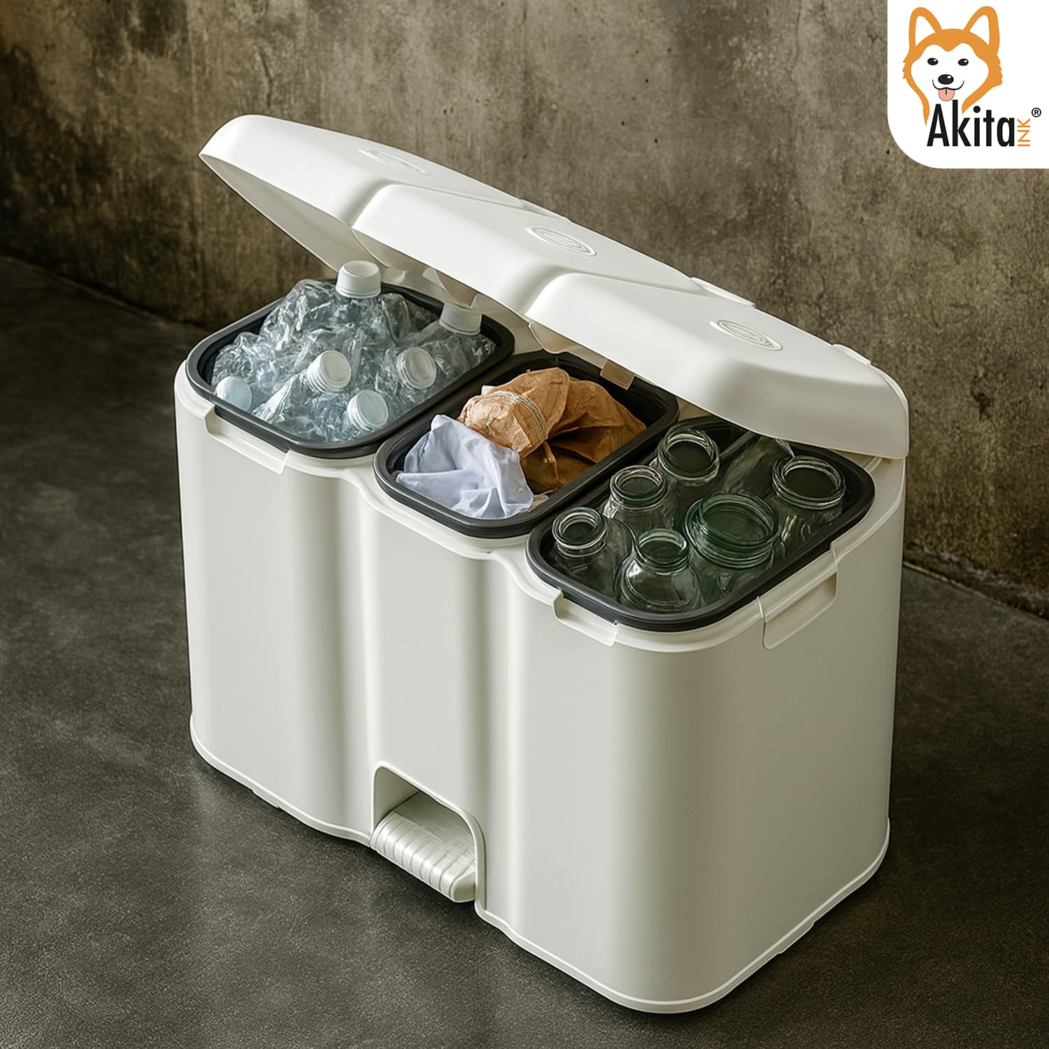 AKITAInk Pattumiera Differenziata Patty3 Bianca - 3 Scomparti (13L + 8L + 13L) con Pedale, Cestini Rimovibili e Etichette Riciclo, Design Moderno per Cucina e Ufficio
