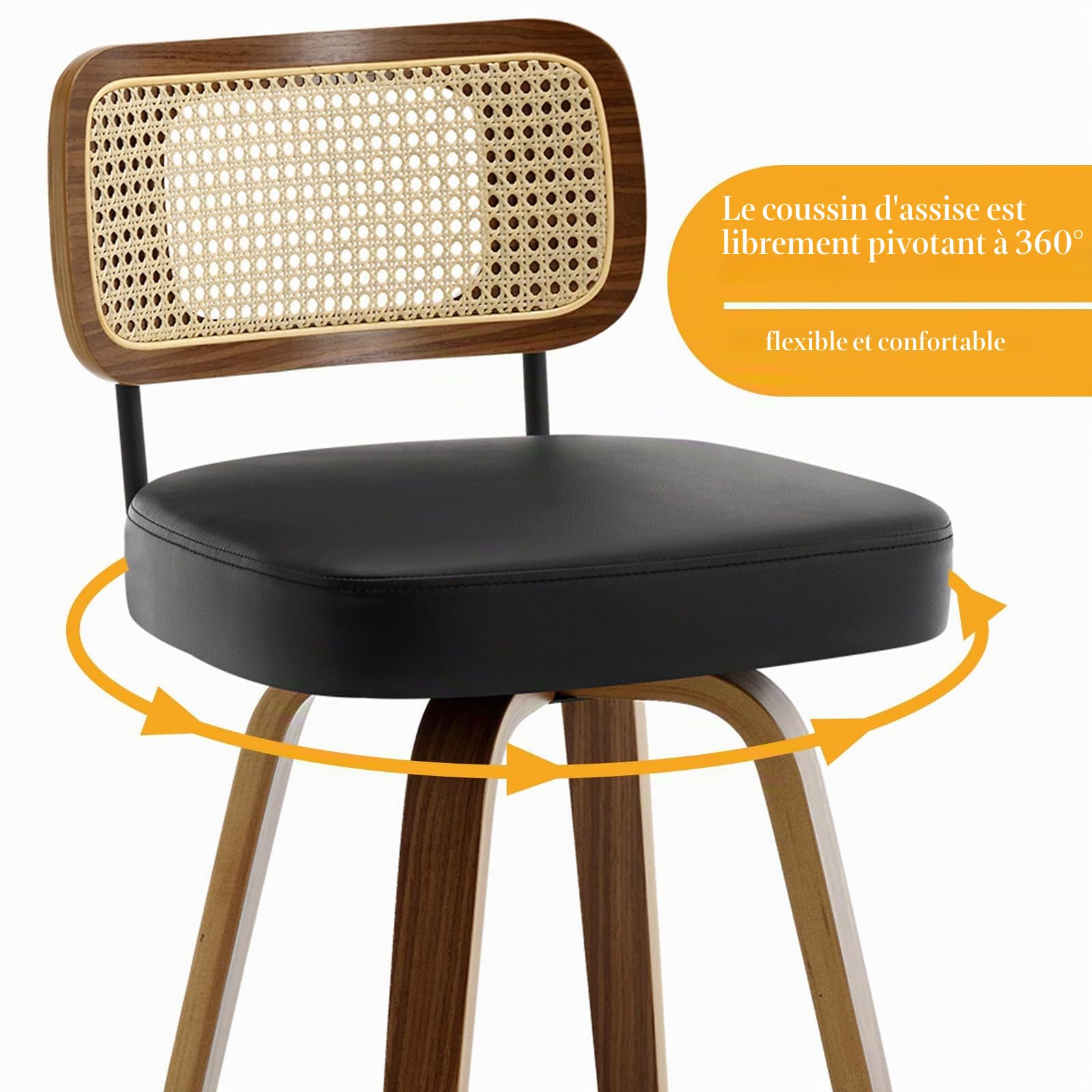 Bekrvio Lot de 2 tabourets de bar avec dossier, hauteur d'assise 65 cm, rotatif à 360°, tabouret de bar en rotin en bois avec siège extra épais (7,1 cm), 4 pieds stables, chaise de bar pour îlot de