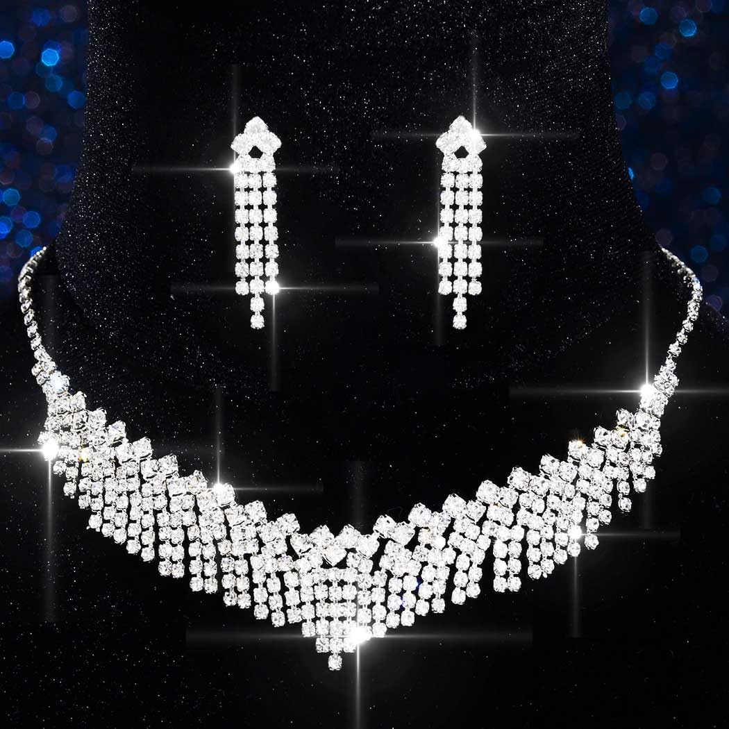 Aukmla Rhinestones Bridal Jewelry Set Silver Sparkly Bride Wedding Necklace Earring Sets Prom Necklaces for Women - Image 4