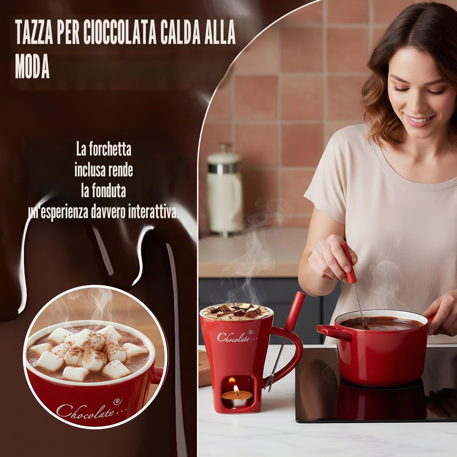 Tazza per Fonduta di Cioccolato in Ceramica 200 ML Rosso con Forchetta e Lumino