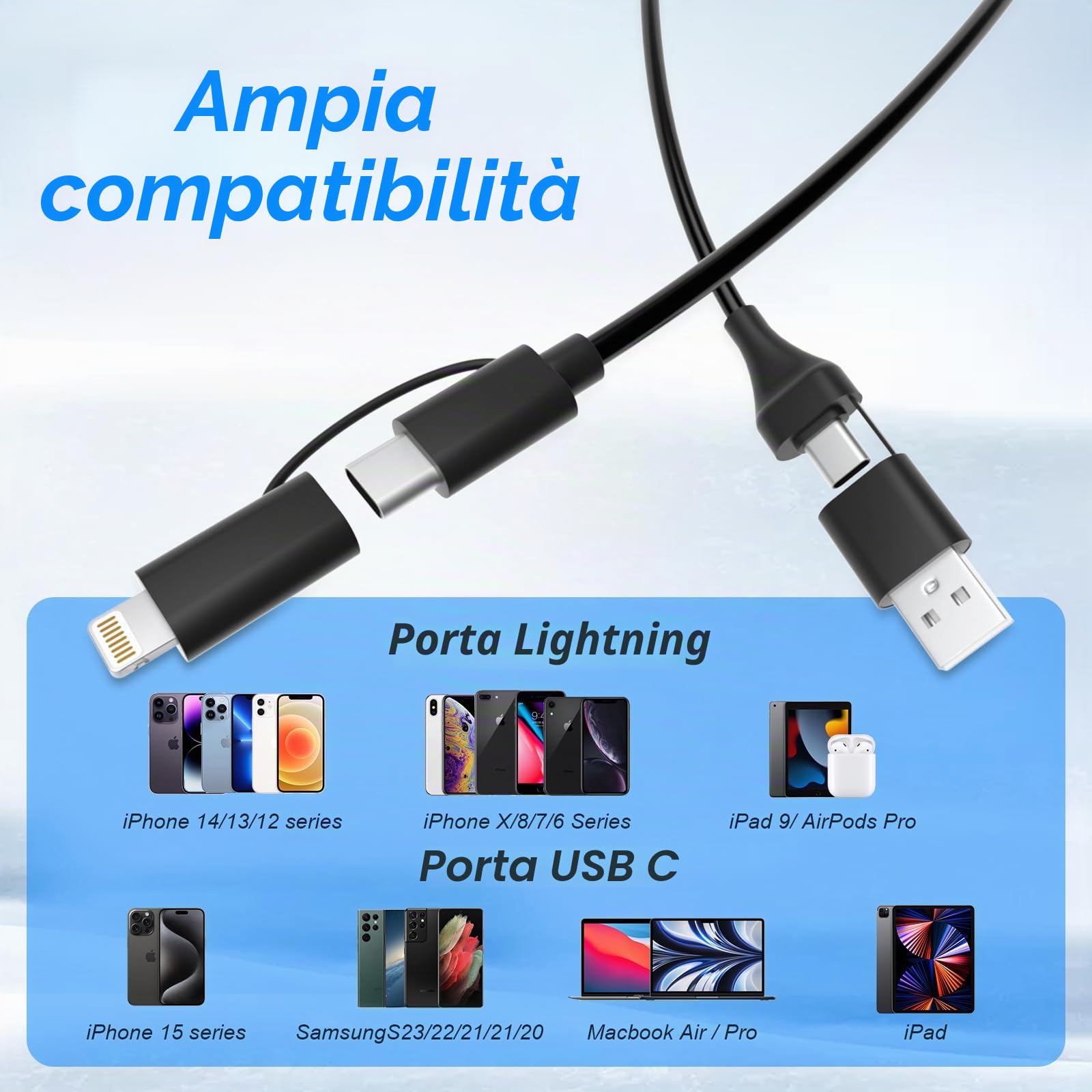 Cavo USB C e Lightning 4 in 1 [Certificato MFi] iPhone CarPlay e Android Auto, ricarica rapida e sincronizzazione dati da 60 W, cavo di ricarica multiplo a spirale per iPhone/Android/iPad/laptop