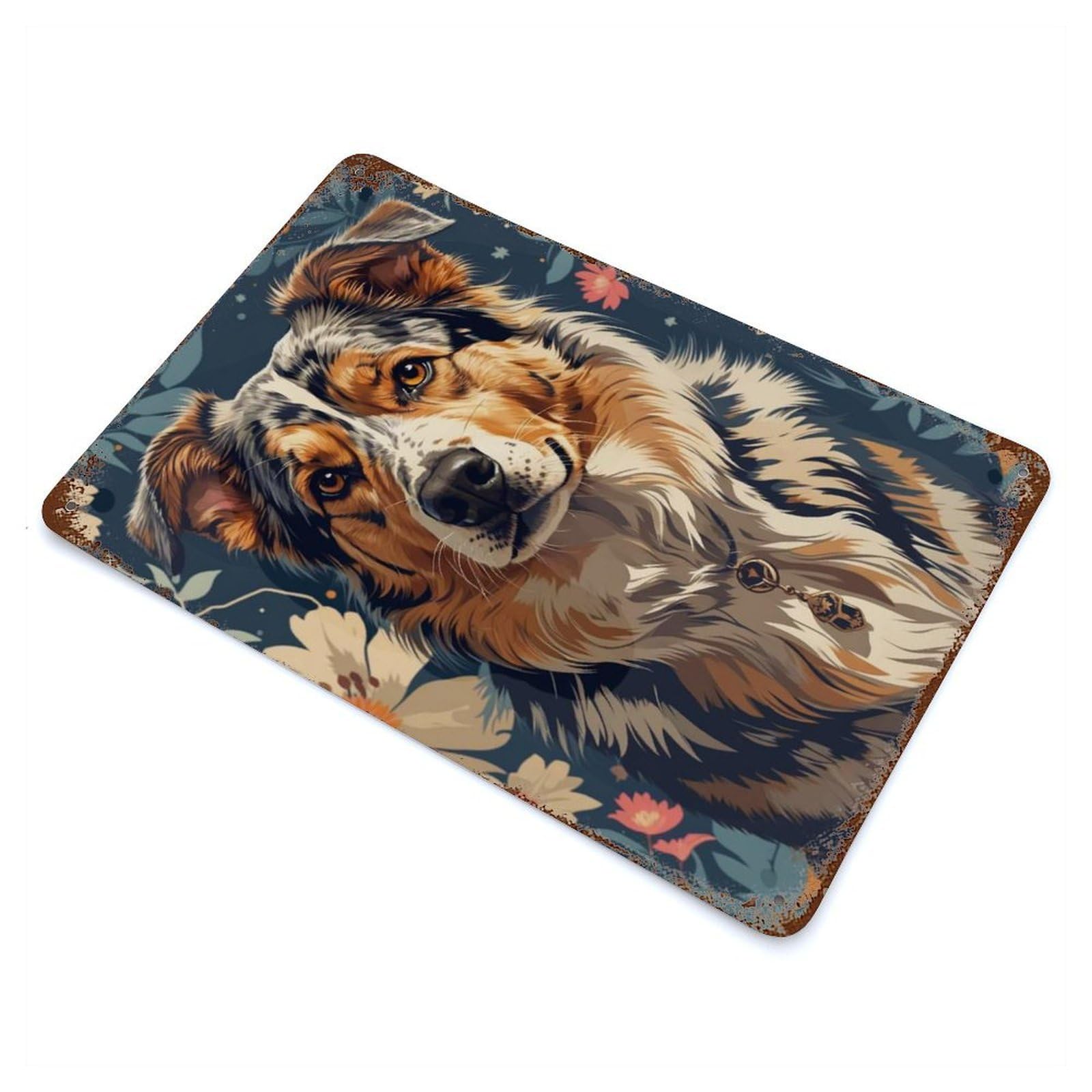 Garage Style Australian Shepard Portrait with Flowers Distressed Metal Wall Sign 11.8"x7.9", Vintage Wall Decor for Bar And Workshop