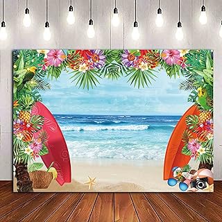 HQM 7x5FT Fabric Summer Tropical Beach Photo Background Beach Conch Hawaii Blue Sea Flower Children Birthday Luau