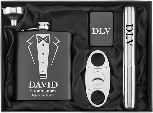Grabado 7oz Termo Embudo de acero inoxidable Cigar Cutter Lighter boda Tuxedo – Set de regalo personalizado personalizado
