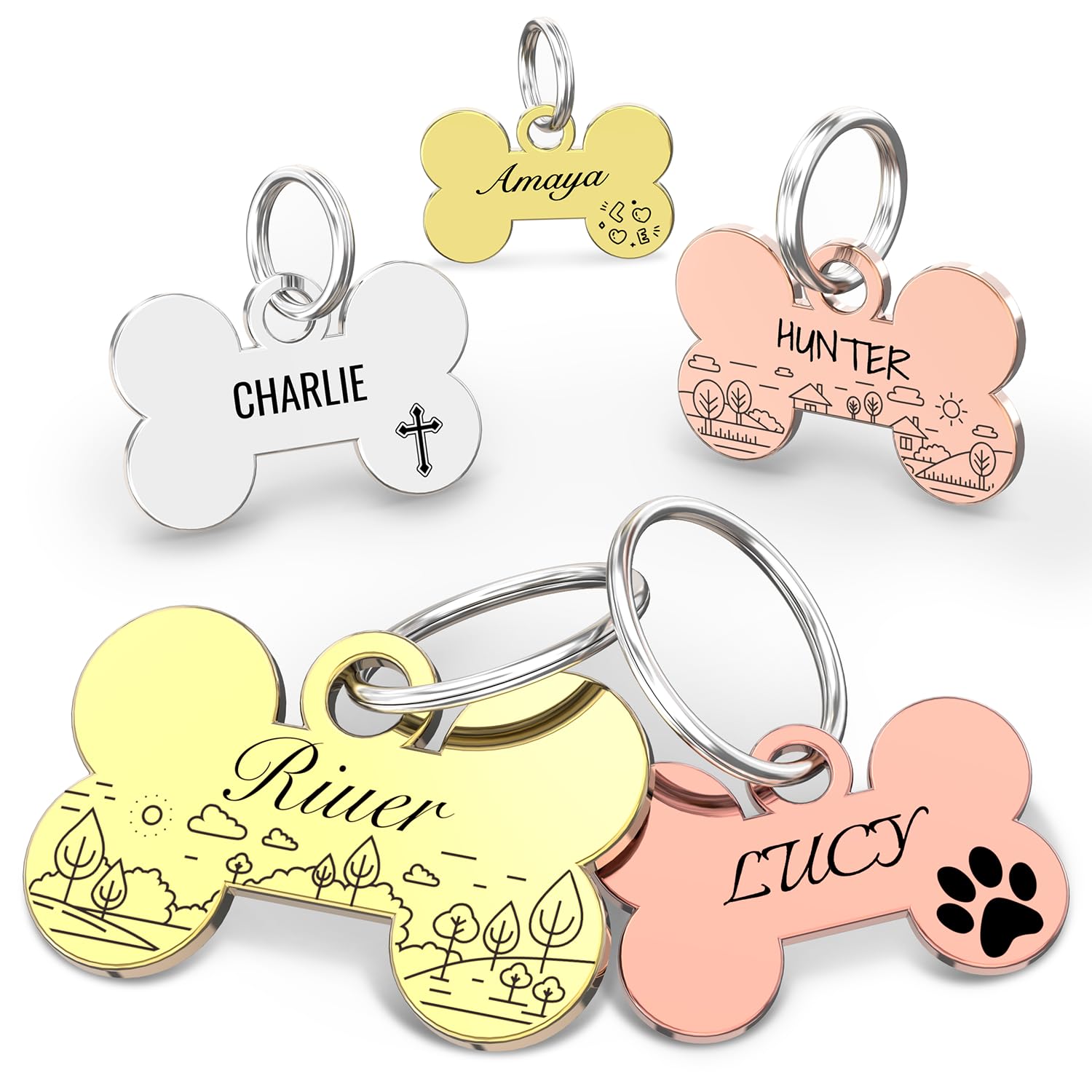 Custom Pet ID Tag - Laser Engraved Both Sides, Polished Stainless Steel, Smooth-Edged Bone Shape.