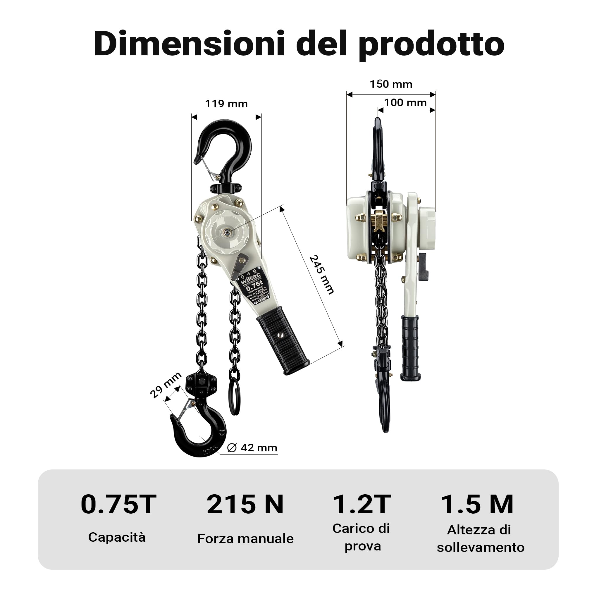 Wiltec Paranco a leva 0,75 t x 1,5 m, paranco a catena compatto con impugnatura girevole a 360°, per lavori di sollevamento in spazi ristretti