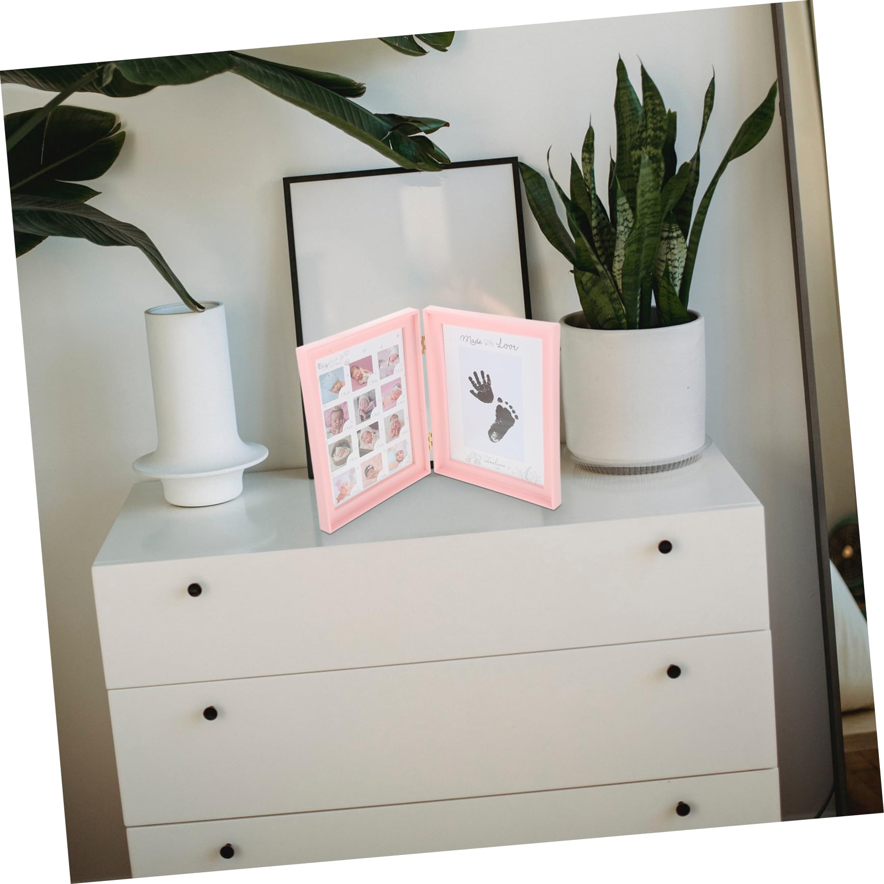 Cornice Ricordo Crescita Bebè Rosa, Doppia Apertura, Kit Impronte Mani e Piedi, in Plastica Pvc e Cartone, Regalo Nascita e Compleanno