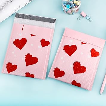 50 Pcs Bubble Mailers, 6 x 9 Inch, Valentine, Red Heart