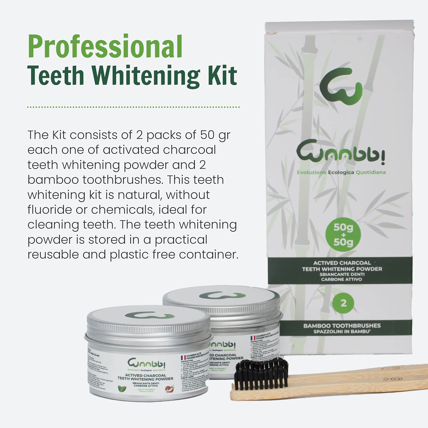 Carbone Attivo Sbiancante Denti Professionale 100g Dentifricio Carbone Vegetale Sbiancamento Pulizia Denti Polvere Sbiancante Teeth Whitening 2 Spazzolino Bamboo