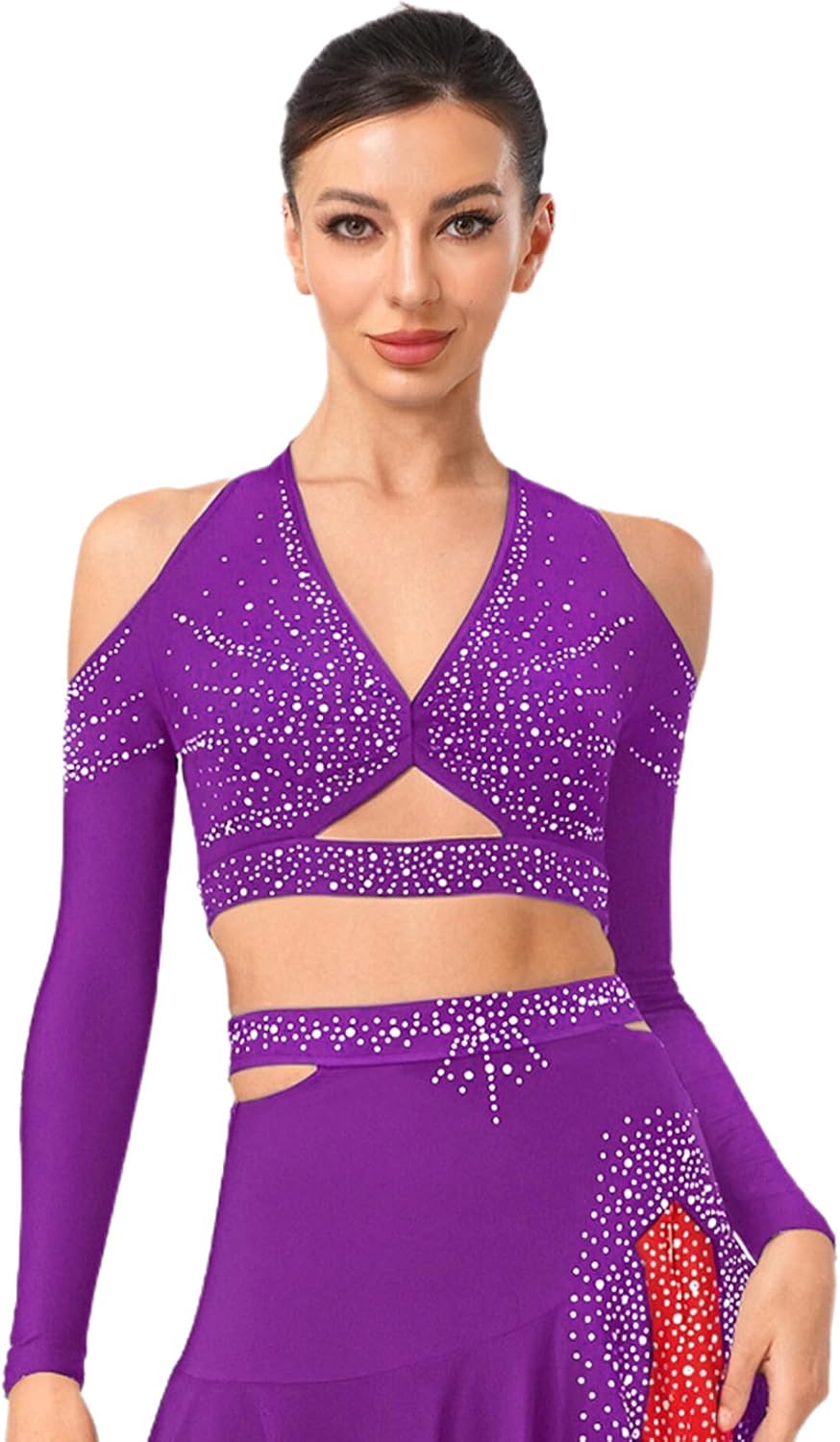 XUNZOO Latin Ballroom Dance Professional Tops Women Halter Belly Dance Gypsy Long Sleeves Crop Top