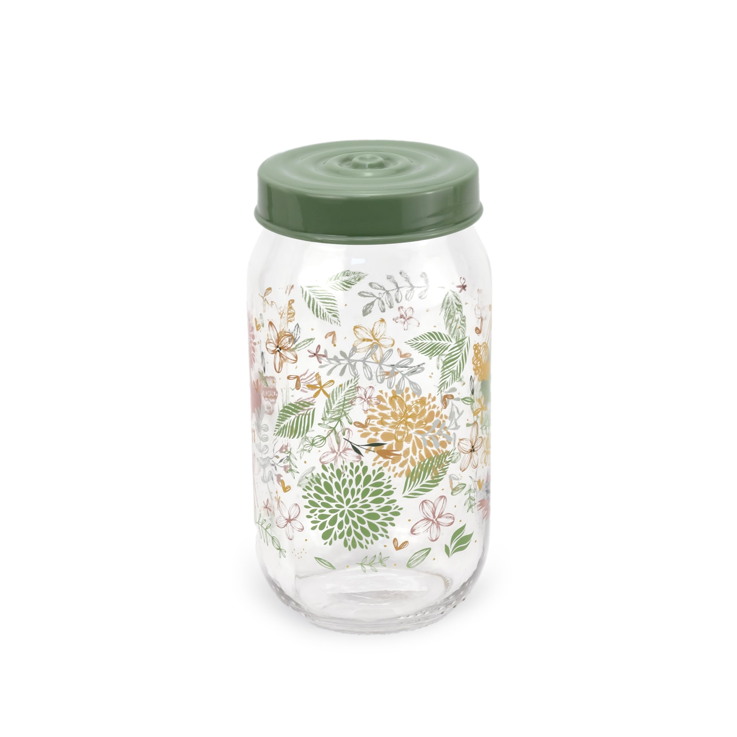 Herevin 1000ml Transparent Glass Spice Jar with Airtight Decorative Green PP Lid – Botanic Design Storage Container for Kitchen – Ideal for Spices, Masalas, Herbs, Tea, Sugar & Condiments